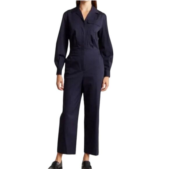 THEORY Jumpsuit Women’s 00 Navy Blue Chino Wash Cargo Shirt Button Down Painters - Picture 1 of 16